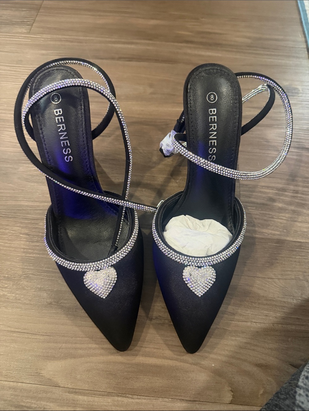 BERNESS Black Satin Pointed-Toe Heels with Rhinestone Heart and Ankle Wrap